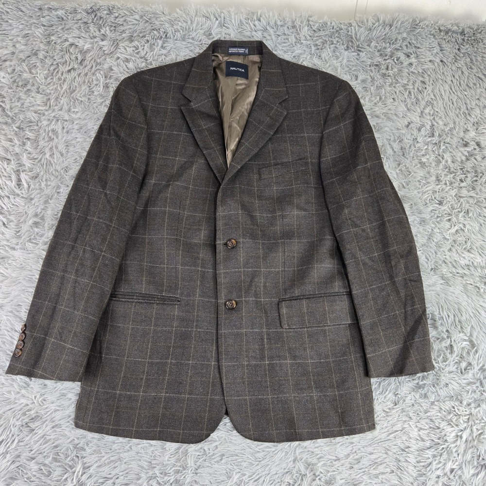 Nautica Mens 44R Brown Windowpane Lambswool Blend Two‎ Button Blazer Sport Coat